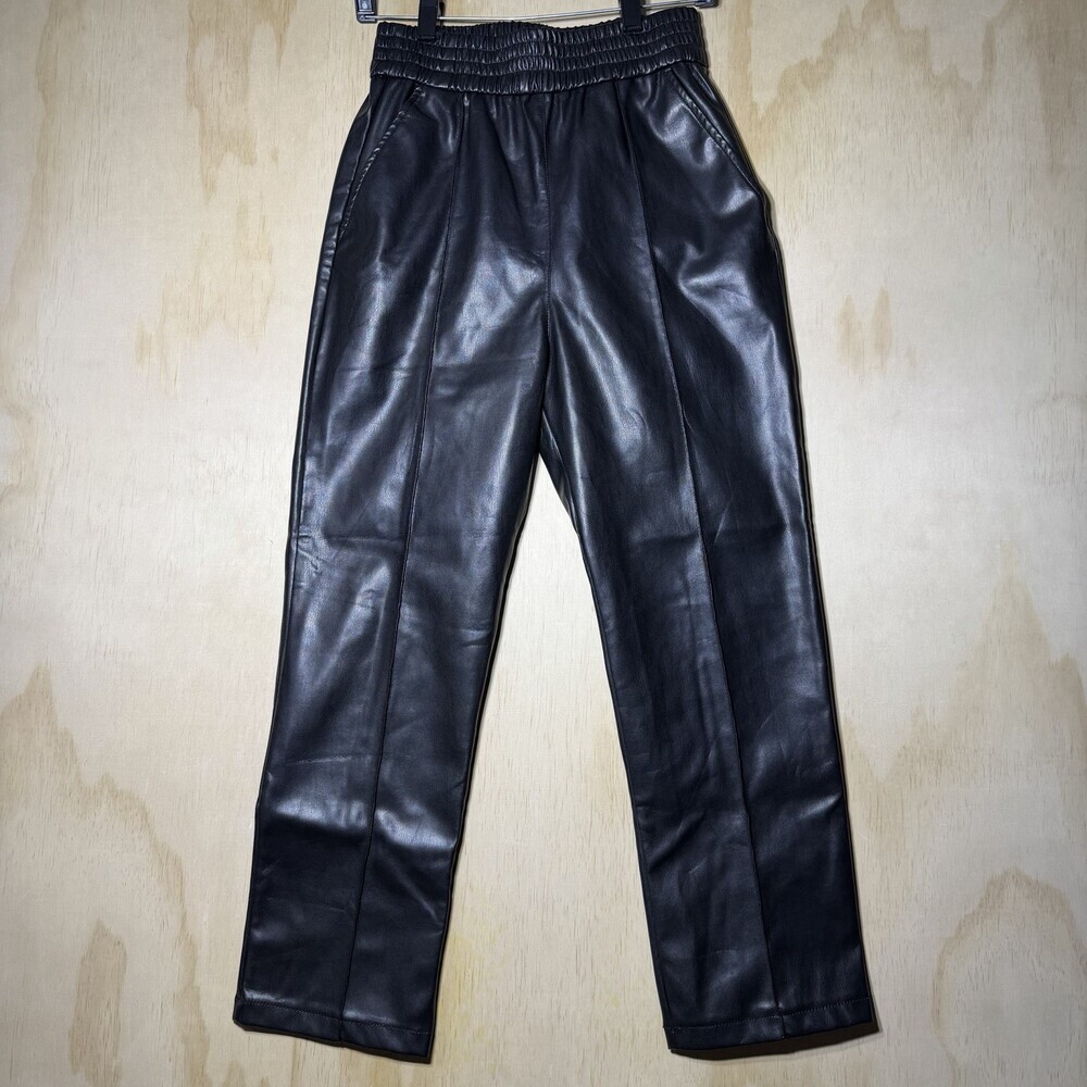 H&M Womens Faux Leather Pants Black Elastic Waist‎ Straight Leg Size 4